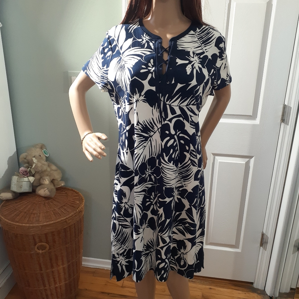 Hawaiian Blue White Floral 100% Cotton Short Sleeve Cotton Shift Dress XL